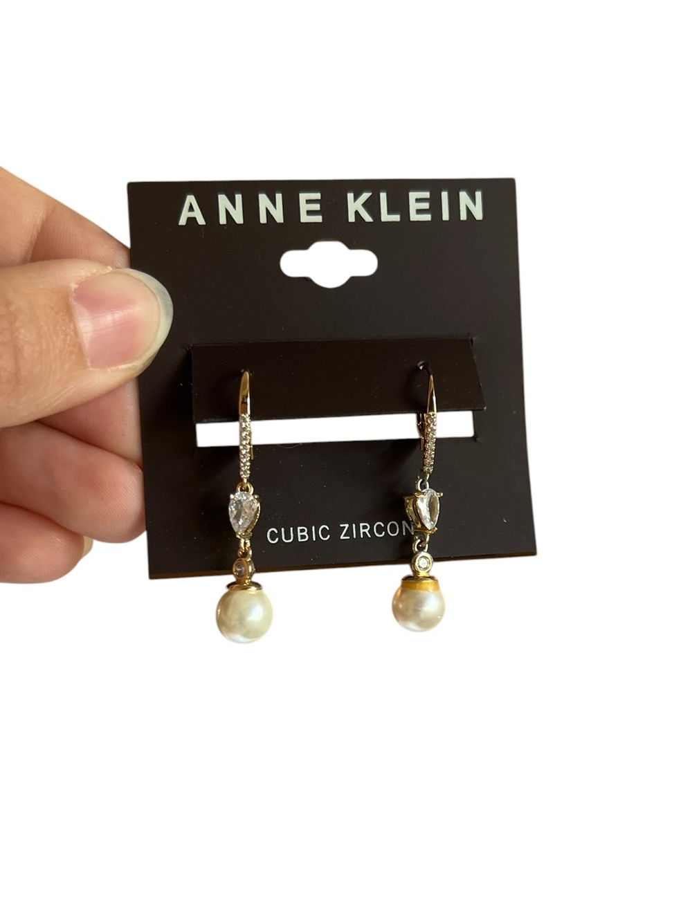 Anne Klein Gold-Tone Pearl and Cubic Zirconia Linear Drop Earrings - NWT - Picture 2 of 3